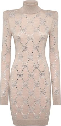 Philipp Plein Gebreide Strass Mini Jurk Met Gevulde Schouders Monogram - Dames - Kleedjes - Beige - M - Wol - Kleedjes