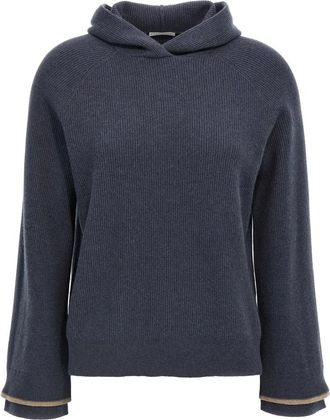 Brunello Cucinelli Hoodies & sweatvesten, Dames, Blauw, S, Wol, Geribbelde hoodie trui