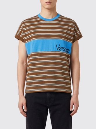 Versace T-shirt girocollo in cotone a righe con profili a contrasto