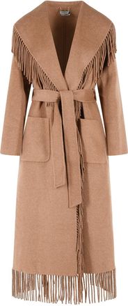 SIMKHAI Camel Beige Wool Blend Coat With Fringed Details