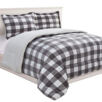 Elegant Comfort 3-Piece Buffalo Micro-Suede Reversible Sherpa - Lodge-Plaid Pattern Comforter Set