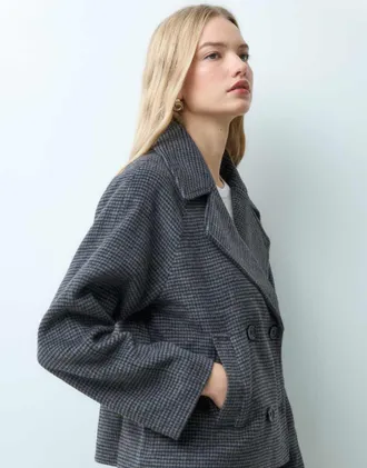 Mango Teen trench corto in misto lana a quadri grigi-Grigio