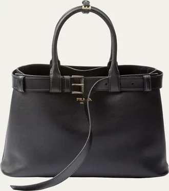 Prada Large Buckle Grain Leather Top-Handle Bag