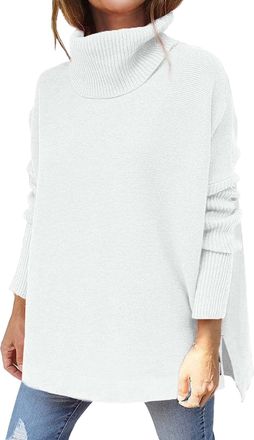 Generic 2025 Sweater Womens Sweaters Turtleneck Batwing Sleeve Loose Oversized Sweaters Chunky Knitted Pullover Sweaters for Women (White, XL)
