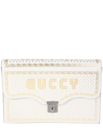 Gucci Gold, Metallic, White Printed Calfskin x Sega GUCCY Portfolio Clutch (Authentic Pre-Loved)
