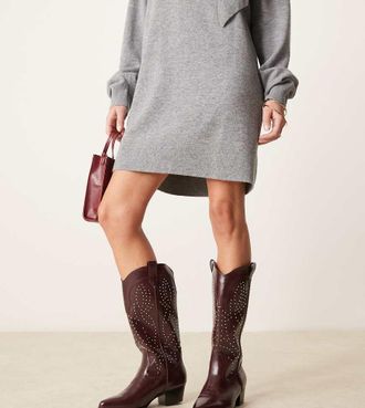 Glamorous Stivali al ginocchio stile western bordeaux con borchie a pianta larga-Rosso