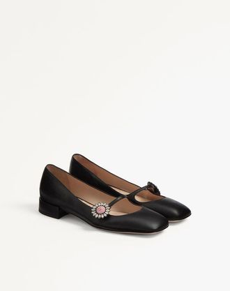 Valentino Garavani Ballerina Mary-Jane Preshoes In Capretto Con Bottone Gioiello 20Mm Donna NERO/CRYSTAL/ROSA 35.5