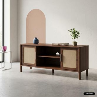 Sweeek Mueble de tv vintage con decoraci&oacute;n de madera y rejilla, 2 puertas