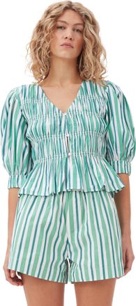 Ganni Green Striped V-neckline Fitted Blouse in Creme de Menthe Size 16 Organic Cotton Womens