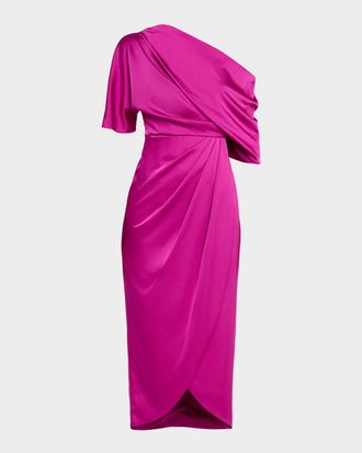 Theia Rayna Draped One-Shoulder High-Low Gown