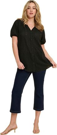 Roaman's Plus Size Shirred Eyelet Button Front Blouson Tunic in Black at Nordstrom, Size 36