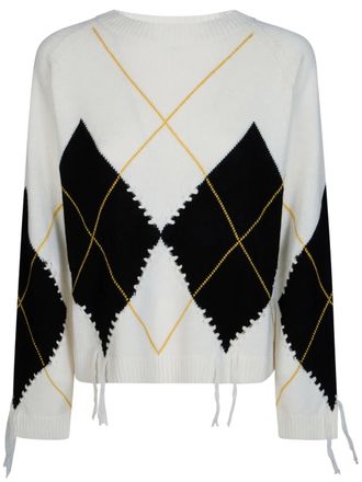 Pinko Cropped Knitted Sweater with Argyle Pattern and Decorative Ties