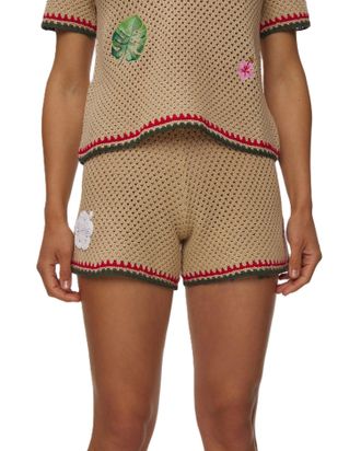 MC2 Saint Barth Beige Crochet Knit Set with Floral Embroidery