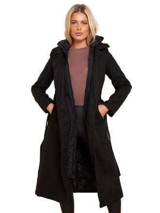 SS7 Womens Faux Wool Coat Maxi Length Jacket with Hood Black