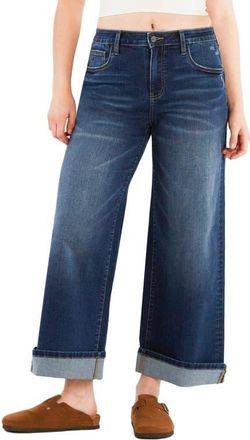 HINT OF BLU Cuffed High Waist Relaxed Jeans in Night Wash Blue at Nordstrom, Size 34