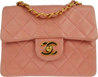 Chanel Vintage Square Classic Single Flap Quilted Lambskin Pink Leather Handbag (Pre-Owned)