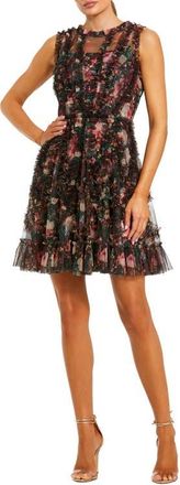 Mac Duggal Mesh Micro Ruffle High Neck Floral Mini Dress in Black Multi at Nordstrom, Size 6