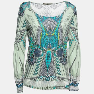 Roberto Cavalli Multicolor Printed Jersey Lace Trimmed Top