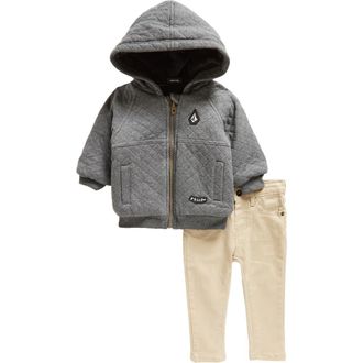 Volcom Quilted Cotton Hooded Jacket & Denim Jeans Set in Washed Black at Nordstrom, Size 18M