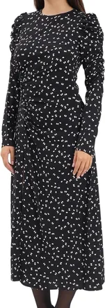 Mar De Margaritas Black Midi Dress With Gathered Sleeves And Floral Pattern