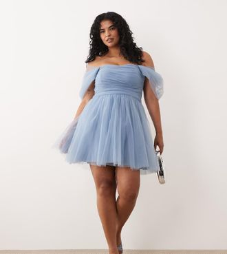 Lace & Beads Plus Vestito corto in tulle azzurro acciaio con spalle scoperte-Blu