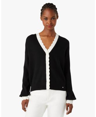 Kate Spade New York Womens Scalloped Colorblock Cardigan - Black - Size X-Small