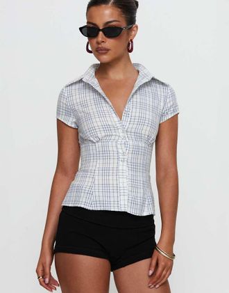Princess Polly Cottesloe - Blusa a maniche corte bianca e blu a quadri con colletto