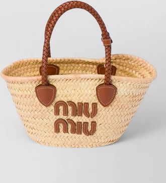 Miu Miu straw tote bag leather trim woven