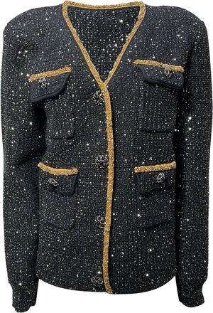 Self Portrait Embellished Single-Breasted Tweed Jacket in Black Polyester