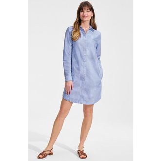 Lands End Linen Long Sleeve Button Front Shirt Dress in Blue/white Stripe at Nordstrom, Size Medium P