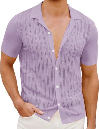 Generic Mens Knitted Shirts Short Sleeve Button Down Polo Shirt Fashion Casual Summer Beach Shirt Vintage Striped Knitted Golf Beach Tops Mens Knitted Shirt w