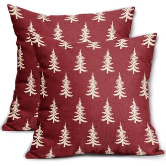 OEM Fundas De Almohada Navide&ntilde;as De 45 X 45 Cm, Juego De 2 Piezas, Estampado Invernal Campestre Con &Aacute;rbol De Navidad En Rojo Intenso: Fundas Decorativas P