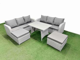 Fimous Rattan High Back Lounge Sofa Set with 3 Seater Sofa 2 Big Stool in Light Grey
