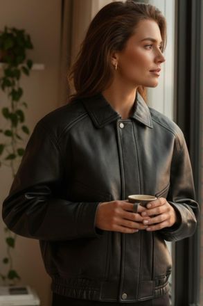 Infinity Leather Womens Black Leather Biker Blouson Bomber Oversized Jacket - Moon