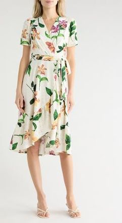 London Times Floral Eyelet Short Sleeve Faux Wrap Dress in Soft White/Marigold at Nordstrom Rack, Size 16