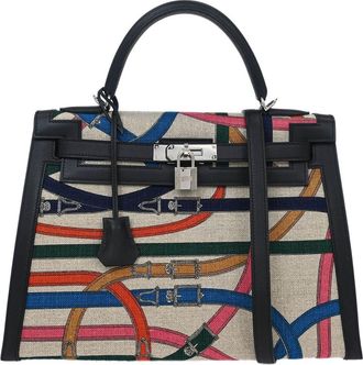 Herm&egrave;s Kelly Handbag Cavalcadour Toile And Black Swift With Palladium Hardware Multicolour Canvas Handbag (Pre-Owned)