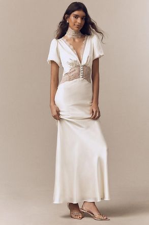 De La Vali Puff-Sleeve Silky Maxi Dress