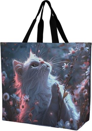 Generic White Cat In Flowers Carry Bag Handle Shopping Bag Reusable Shoulder Bags For Work Ladies Travel