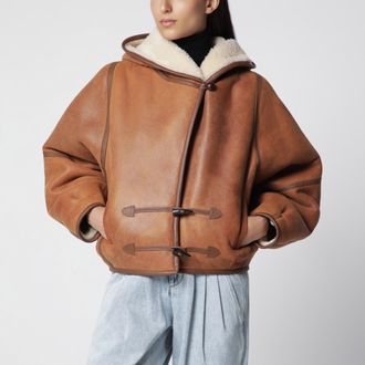 Isabel Marant Amiel hooded shearling short coat in cognac