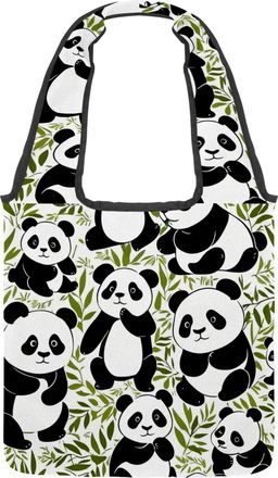 Generic Cute Panda Pattern Reversible Canvas Shoulder Tote - Double-Sided Print, 12oz Cotton, 27cm Drop, Fold-Flat Bag for Travel, Shopping, Street Outings