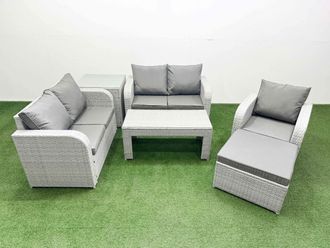 Fimous High Back Poly Rattan Garden Furniture Set w/ Reclining Chair Loveseat Sofa Oblong Coffee Table Indoor Outdoor Patio Set Big Stool Side Table