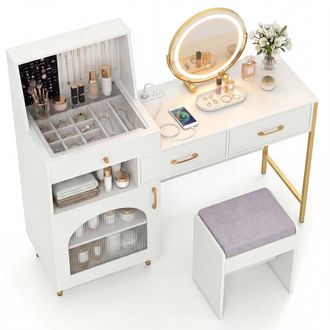Costway Costway Vanity Desk Set w/ Mirror & Lights Makeup Dressing Table w/ Stool in White