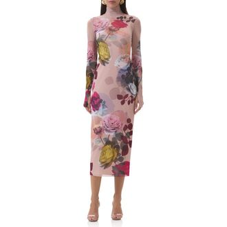 AFRM Shailene Print Long Sleeve Powermesh Body-Con Midi Dress in Placed Photo Rose at Nordstrom Rack, Size Small