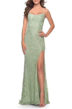 La Femme Simple Stretch Lace Dress with Slit in Sage at Nordstrom, Size 10