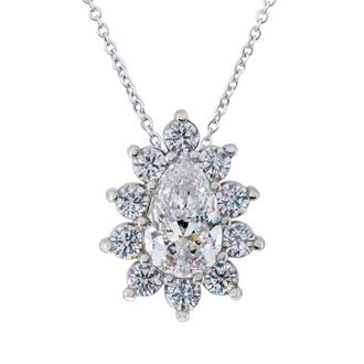 Pompeii3 1/2Ct Pear Shape Halo Lab Grown Diamond Pendant Necklace in White or Yellow Gold