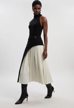 Karen Millen Womens Tailored Buckle Detail Pleated Midi Skirt - Monochrome Multi - Size 14 UK