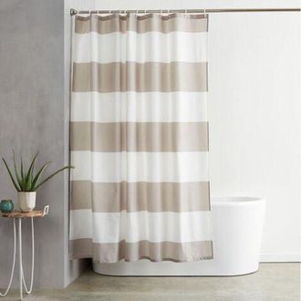 OEM Cortina De Ducha De Tela Estampada Hidr&oacute;fuga Con Ojales Met&aacute;licos Y Ganchos De Pl&aacute;stico Blanco, 183 X 183 Cm, Rayas Grises