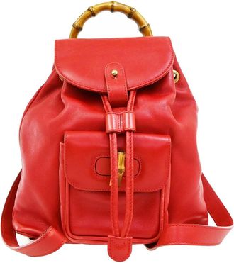Gucci Vintage Bamboo Leather Red Leather Backpack Bag (Pre-Owned)
