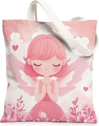Generic Cartoon Valentines Day Fairy Canvas Tote Bag for Shopping 13x15, Fun Cute Romantic Love Heart Reusable Grocery Print Pattern Bag for Women, Holiday Be