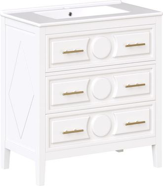 Urban Meuble Mueble de Ba&ntilde;o Retro 81cm Blanco - Lavabo Cer&aacute;mico y 3 Cajones Suaves